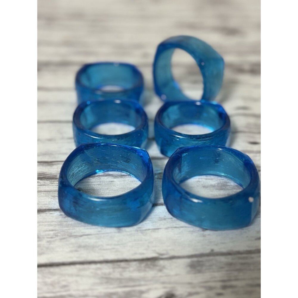 Ocean Blue Art Glass Napkin Rings Holders Set of 6 Dining Table Setting - Picture 2 of 6